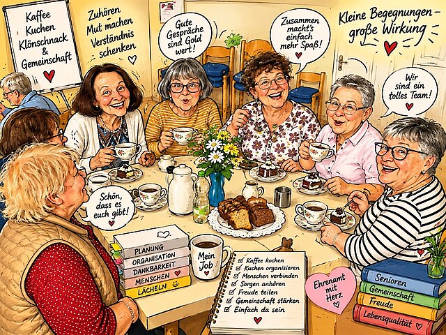 Sechs ältere Frauen sitzen an einem Tisch mit Kuchen, Kaffee und Blumenstrauß und unterhalten sich fröhlich
